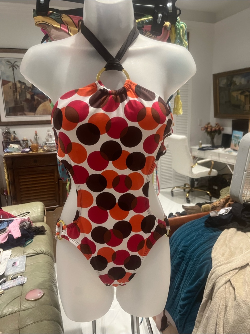 La Blanca Girls' Polka Dot Cutout One-Piece Swimsuit — White, Red, Orange, Brown